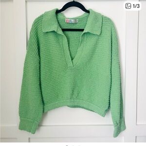 Free People Beach Mint Green Carter Knit Collared Pullover Sweater Small